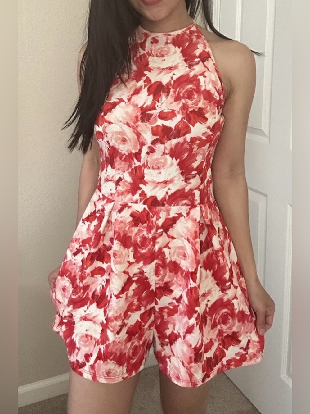 Floral Halter Romper in Red and White
